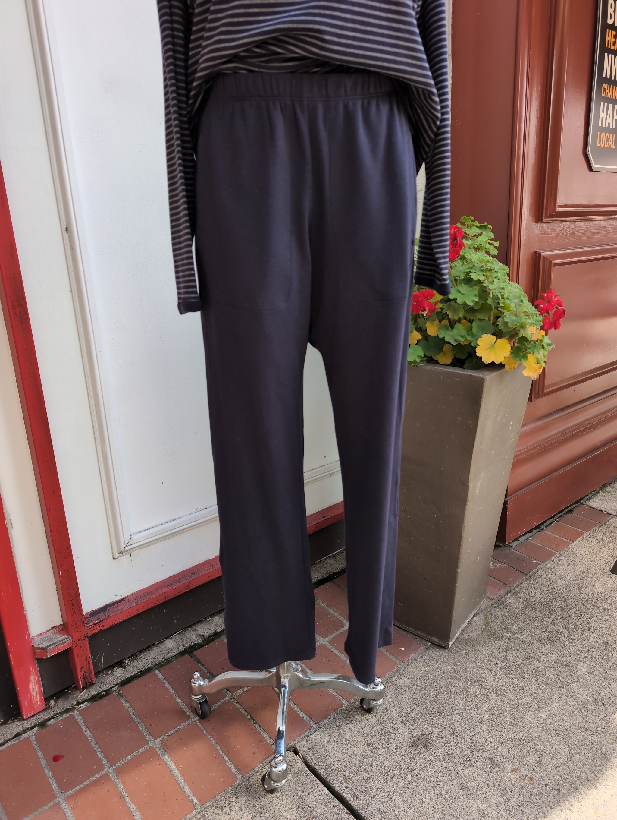 Eileen Fisher Cozy Brushed Terry Hug Full Length Straight Pant w/Side Vents in Ink