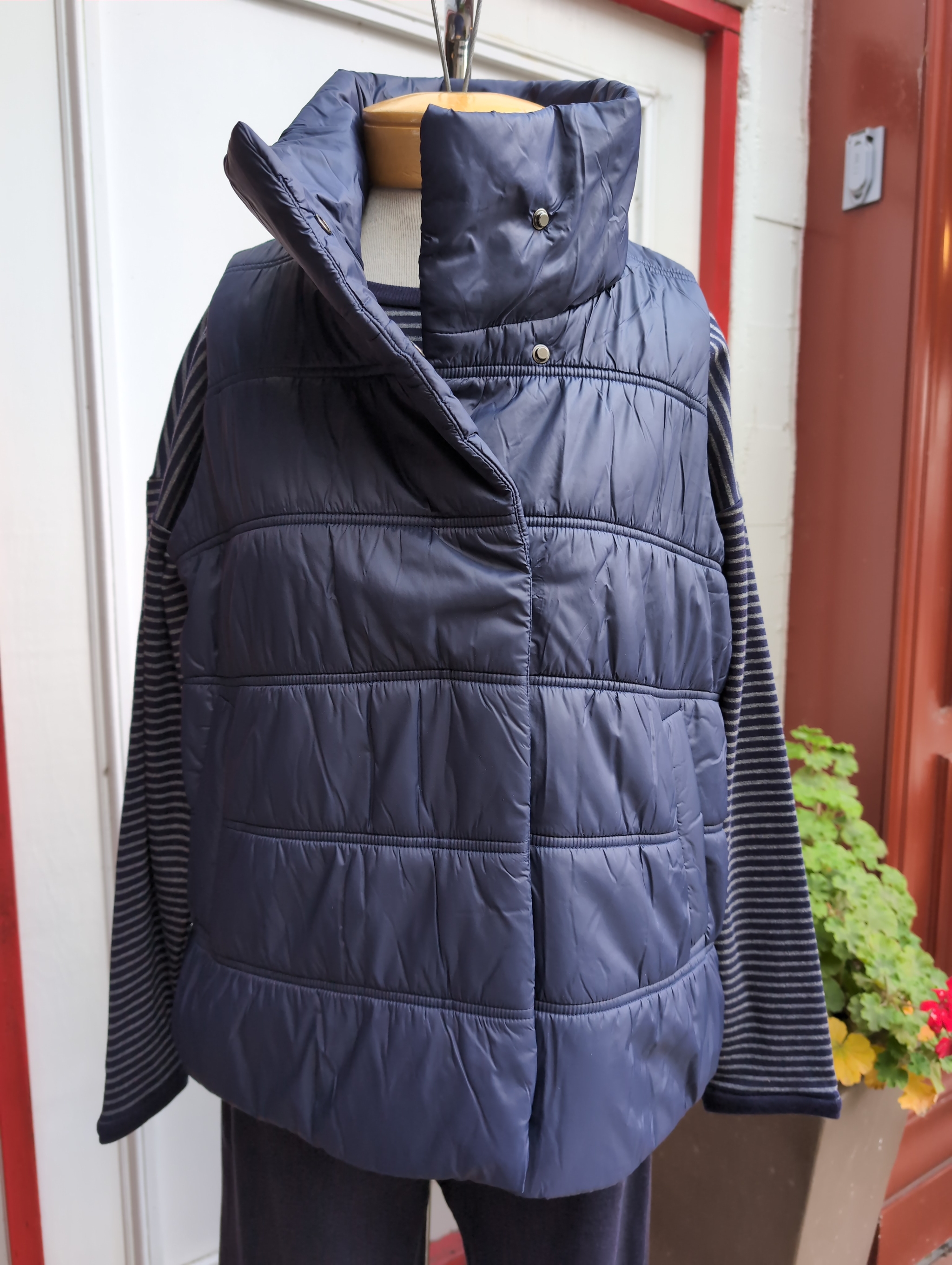 Eileen Fisher Eggshell Recycled Cotton High Collar Ruched Vest in Ink