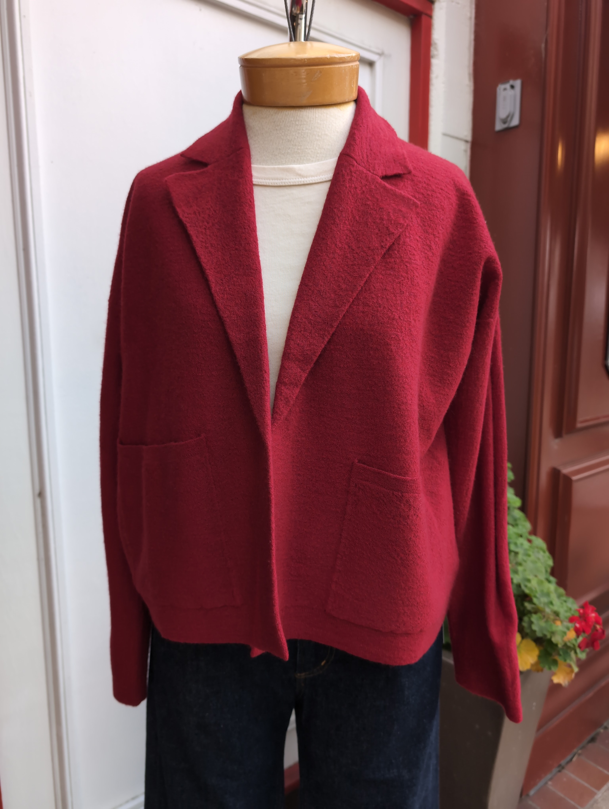 Eileen Fisher Fine Felted Wool Notch Collar Cardigan in Ruby
