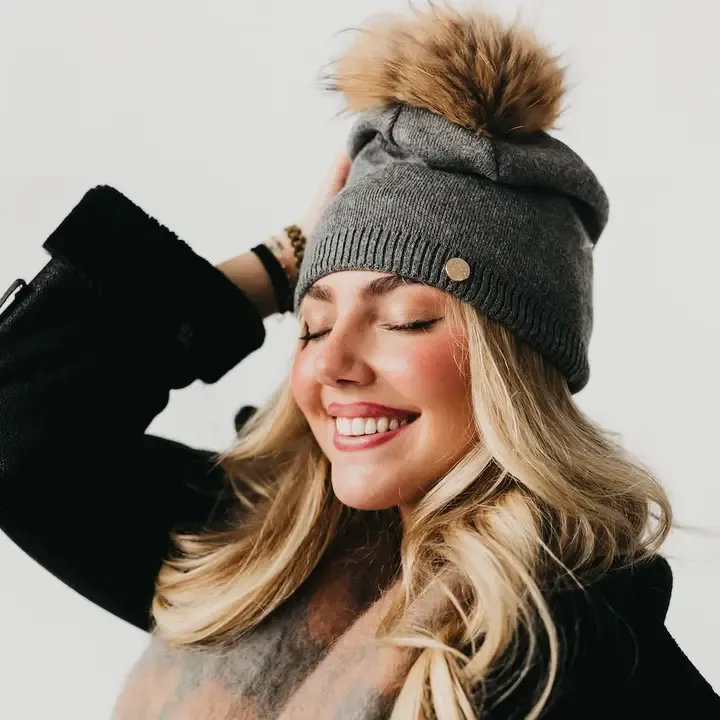 Pretty Simple Fine Knit Fur Pom Slouchy Beanie in Charcoal Pretty Simple Fine Knit Fur Pom Slouchy Beanie in Charcoal