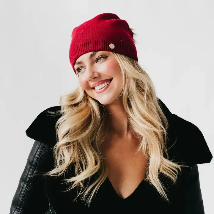 Pretty Simple Fine Knit Fur Pom Slouchy Beanie in Red Pretty Simple Fine Knit Fur Pom Slouchy Beanie in Red