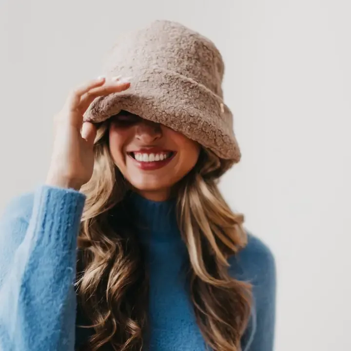 Pretty Simple Sage Sherpa Bucket Hat in Mocha