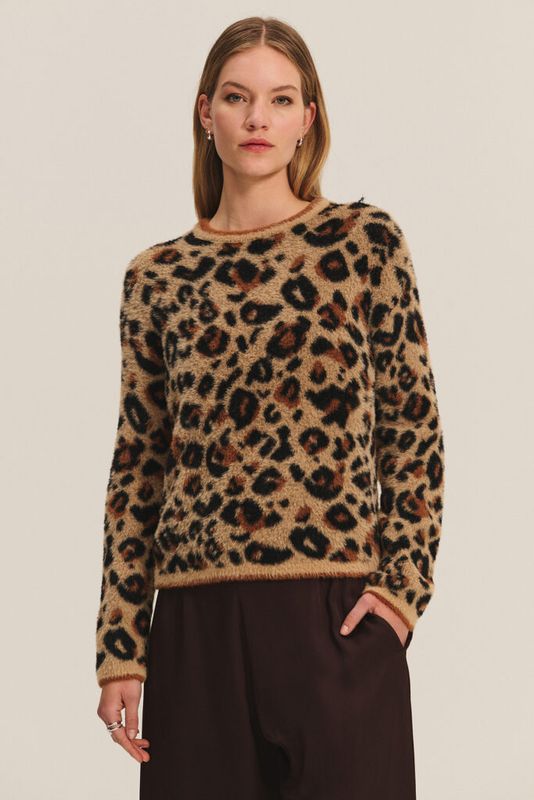 Velvet Clancy Novelty Feather Jacquard Sweater in Leopard Velvet Clancy Novelty Feather Jacquard Sweater in Leopard
