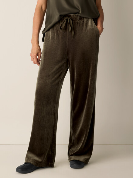 Eileen Fisher Cozy Velour Knit Wide Full Length Pant w/Drawstring in Branch