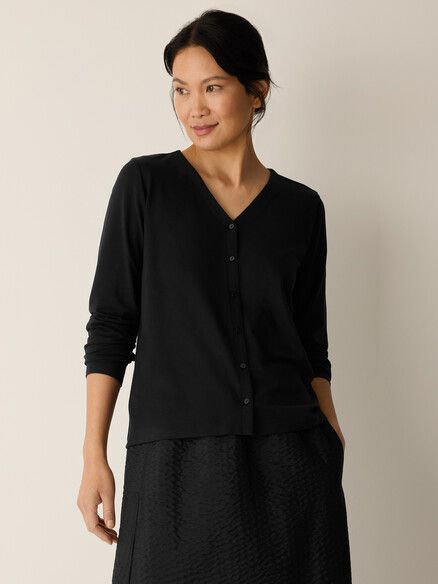 Eileen Fisher Stretch Jersey Knit V-Neck Button Front Top in Black Eileen Fisher Stretch Jersey Knit V-Neck Button Front Top in Black