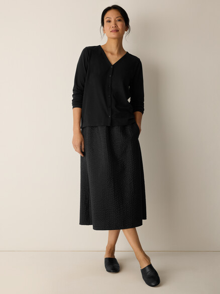 Eileen Fisher Stretch Jersey Knit V-Neck Button Front Top in Black