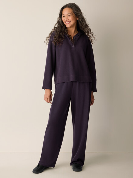 Eileen Fisher Waffle Double Knit Hooded Bracelet Sleeve Top in Aubergine