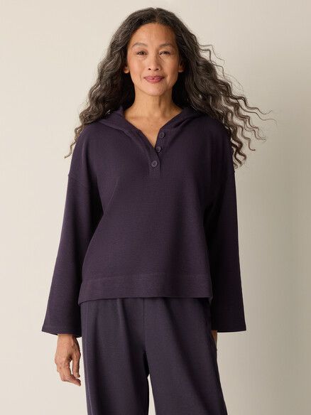 Eileen Fisher Waffle Double Knit Hooded Bracelet Sleeve Top in Aubergine Eileen Fisher Waffle Double Knit Hooded Bracelet Sleeve Top in Aubergine