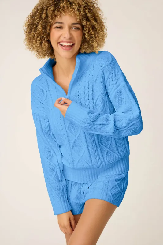 PJ Salvage Cozy Chenille Cable Knit 1/4 Zip in Sea PJ Salvage Cozy Chenille Cable Knit 1/4 Zip in Sea