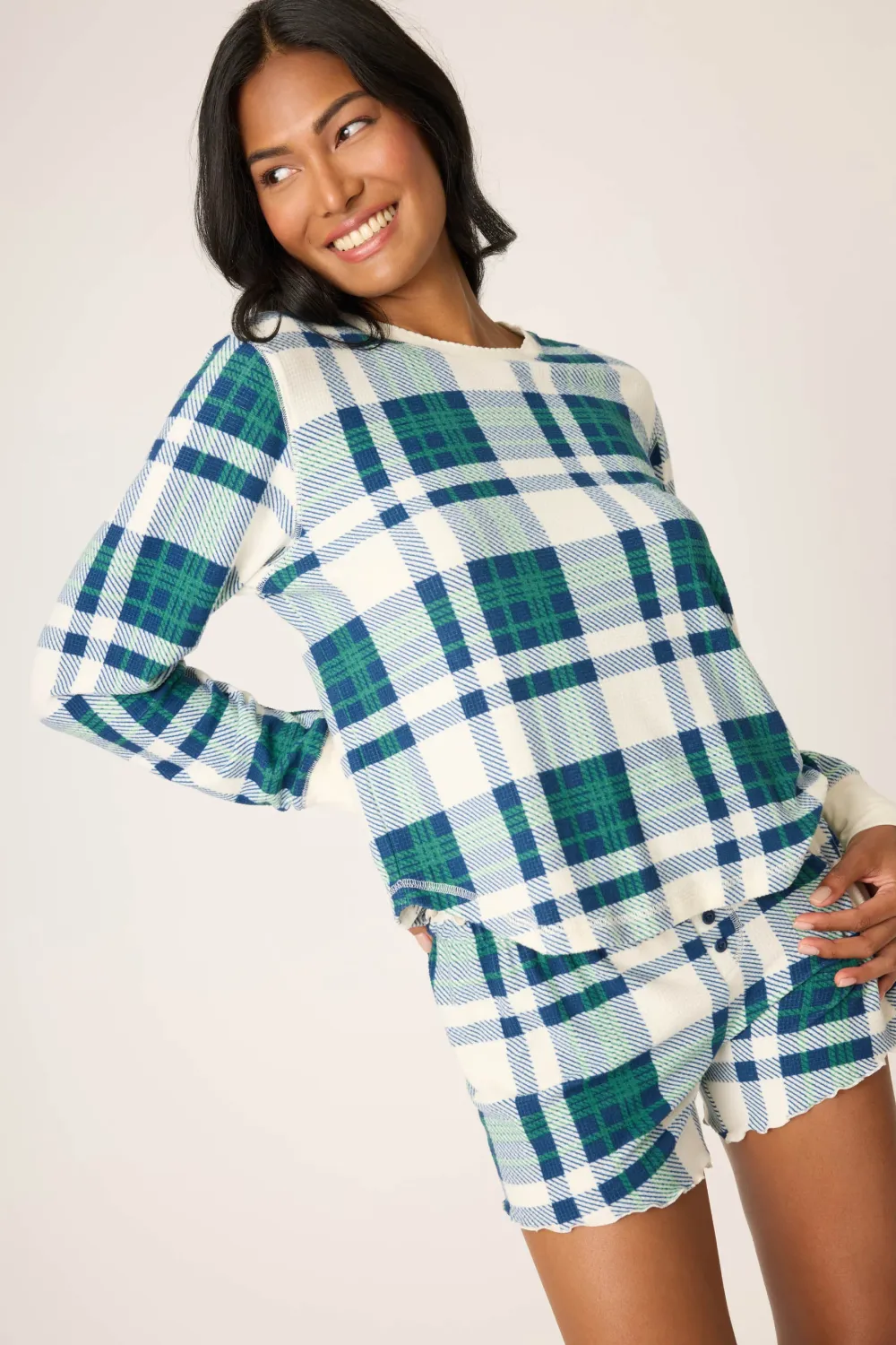 PJ Salvage Cozy Life Plaid Velour Top in Natural PJ Salvage Cozy Life Plaid Velour Top in Natural