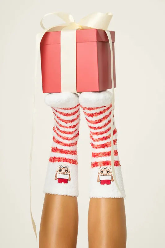 PJ Salvage Cat Print Fuzzy Crew Socks w/Grippers PJ Salvage Cat Print Fuzzy Crew Socks w/Grippers