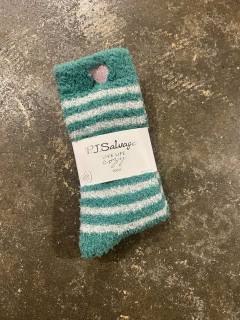 PJ Salvage Sparkle Stripe Fuzzy Crew Socks w/Grippers in Green