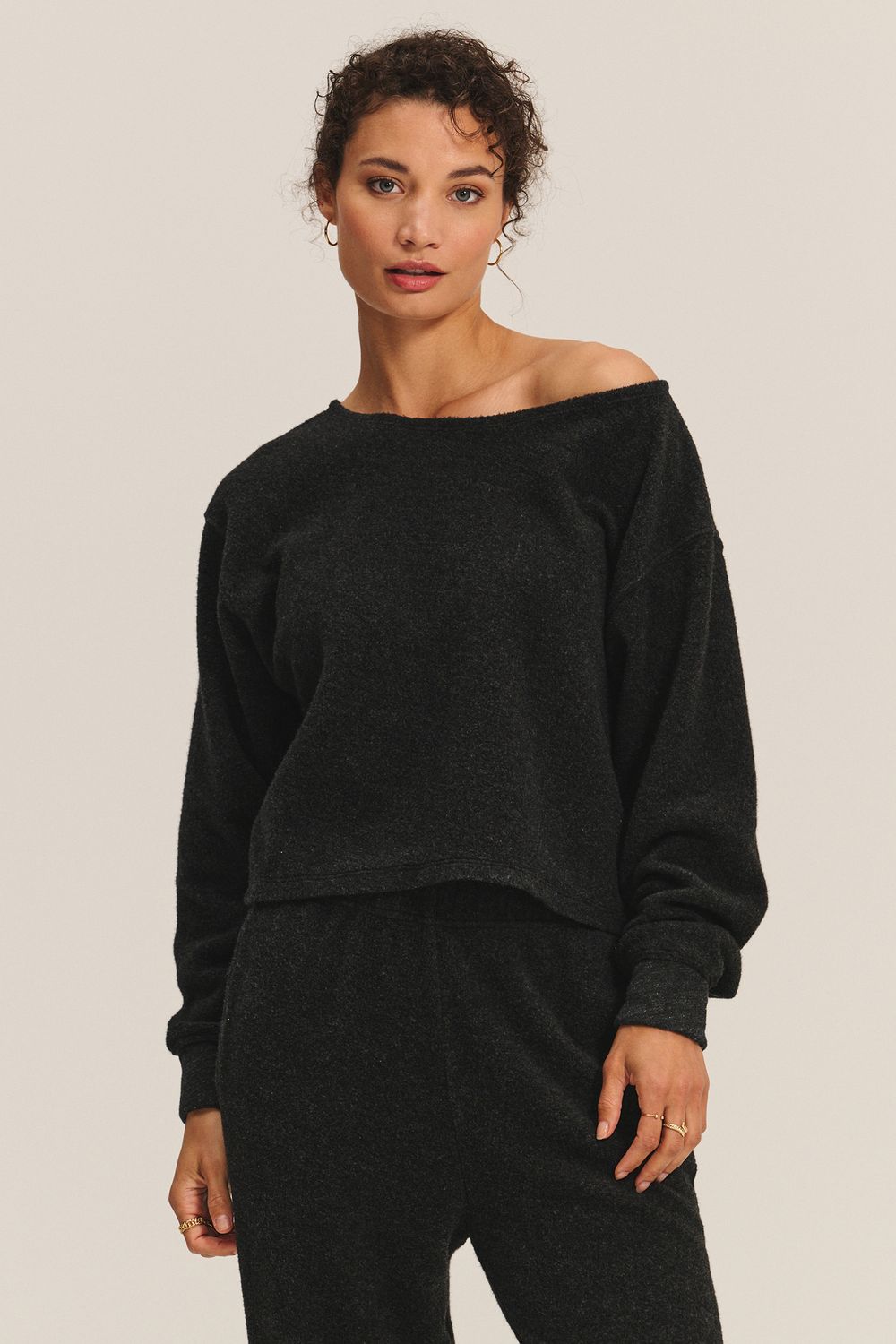 Velvet Mallory Sherpa Fleece Boatneck Crop Top in Charcoal Velvet Mallory Sherpa Fleece Boatneck Crop Top in Charcoal