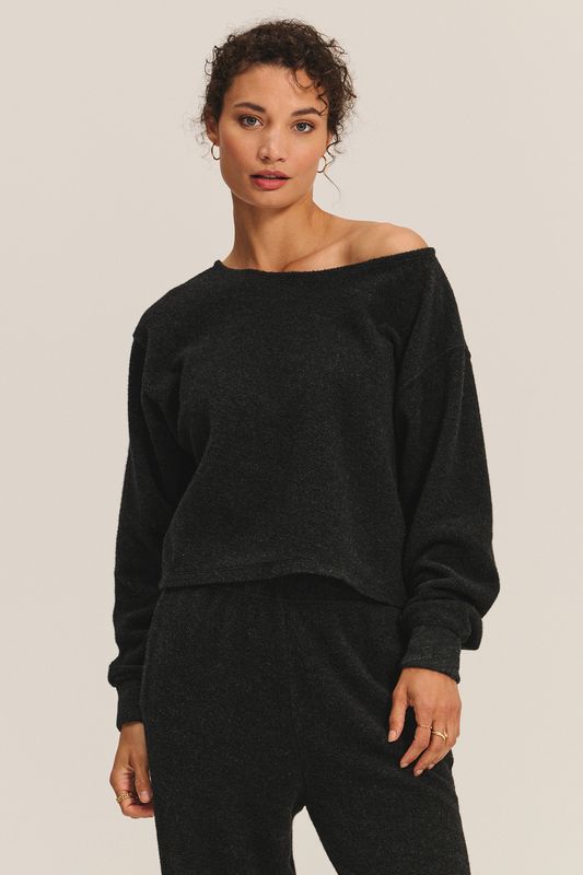 Velvet Mallory Sherpa Fleece Boatneck Crop Top in Charcoal Velvet Mallory Sherpa Fleece Boatneck Crop Top in Charcoal
