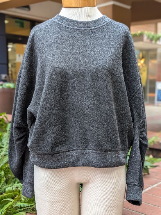 Velvet Kimmy Sherpa Fleece Top with Ruched Sleeves in Charcoal Velvet Kimmy Sherpa Fleece Top with Ruched Sleeves in Charcoal