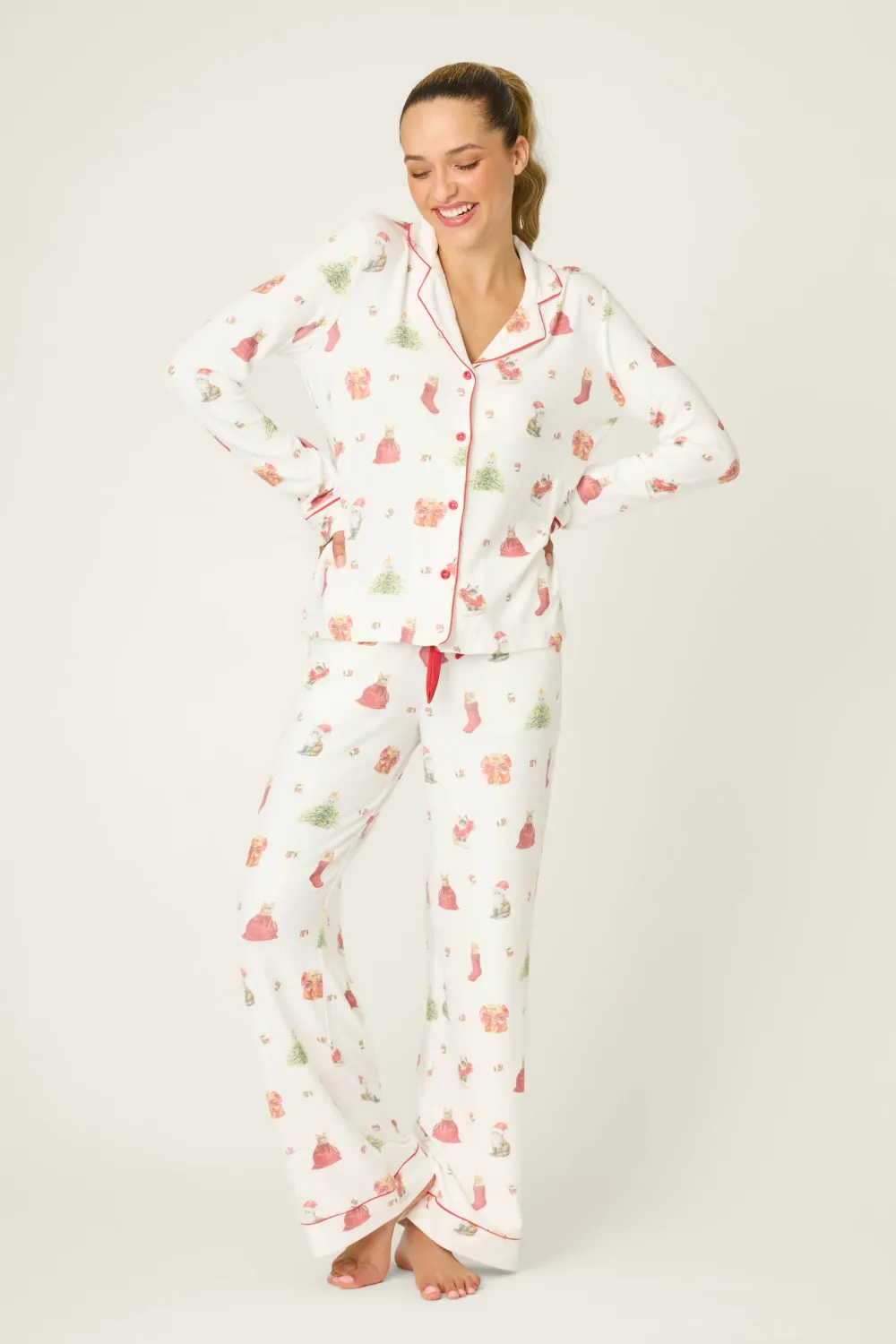 PJ Salvage Feline Festive Cat Print PJ Set in Ivory PJ Salvage Feline Festive Cat Print PJ Set in Ivory