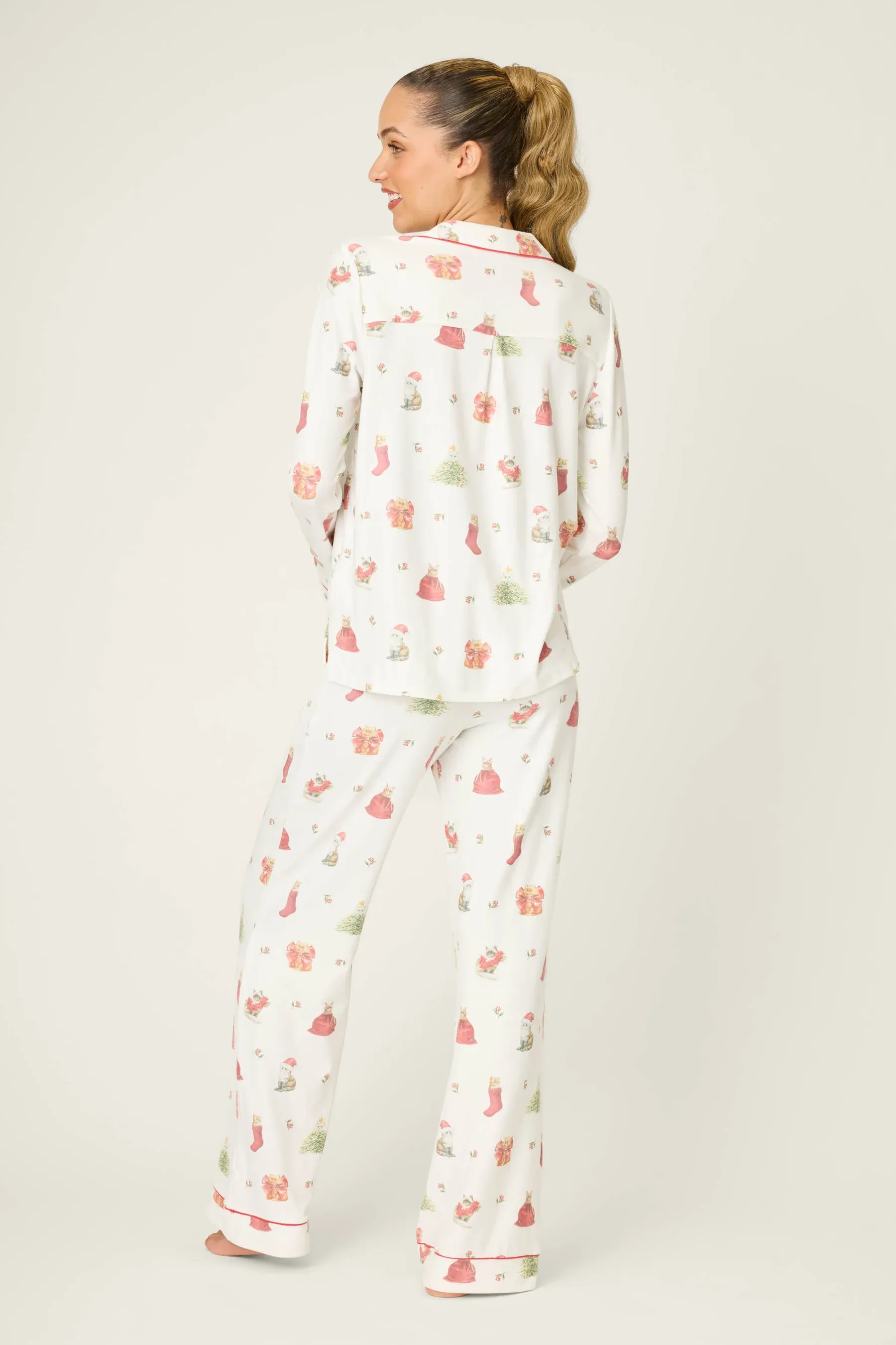 PJ Salvage Feline Festive Cat Print PJ Set in Ivory