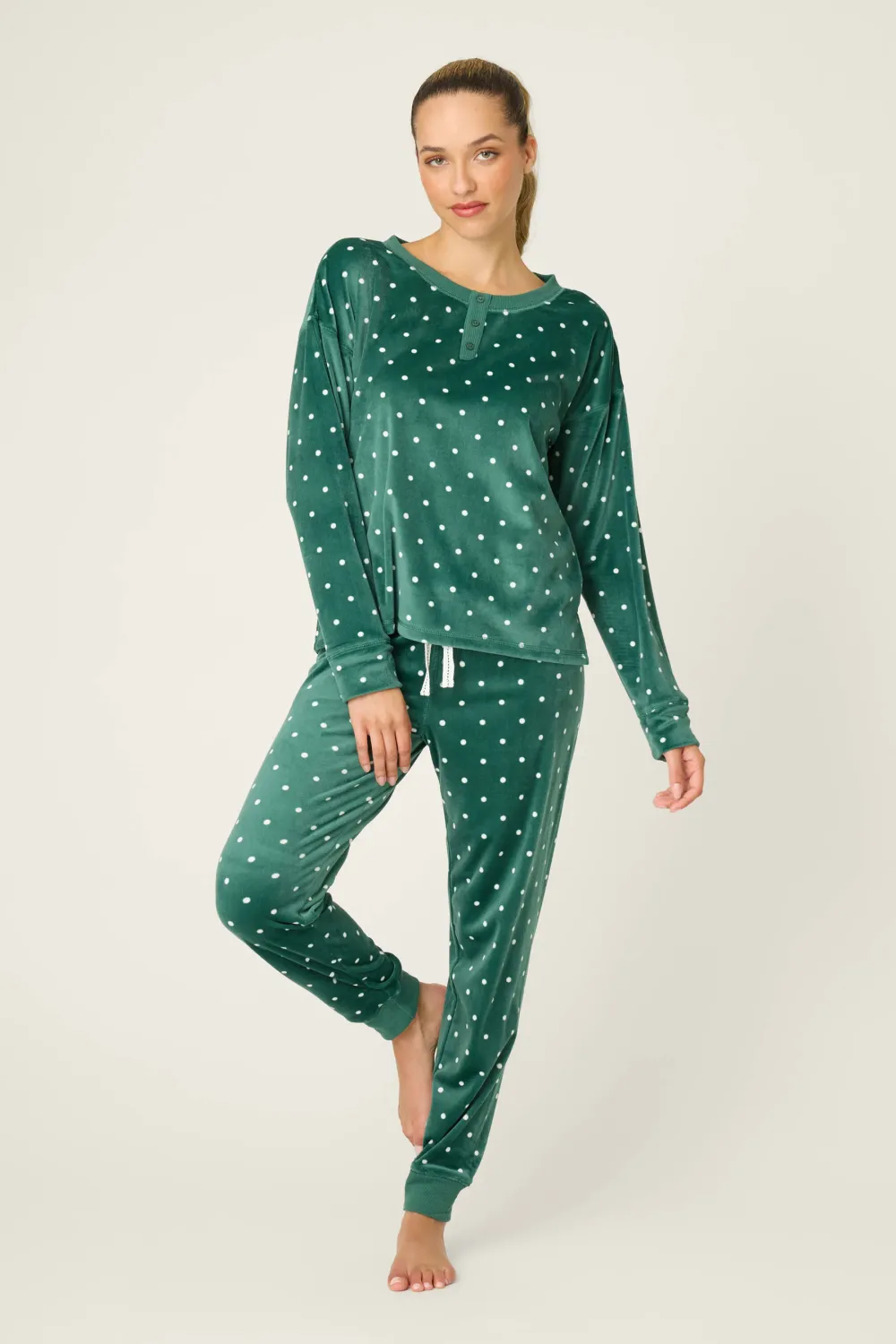 PJ Salvage Lets Get Toasty Dot Print PJ Set in Forest Green PJ Salvage Lets Get Toasty Dot Print PJ Set in Forest Green