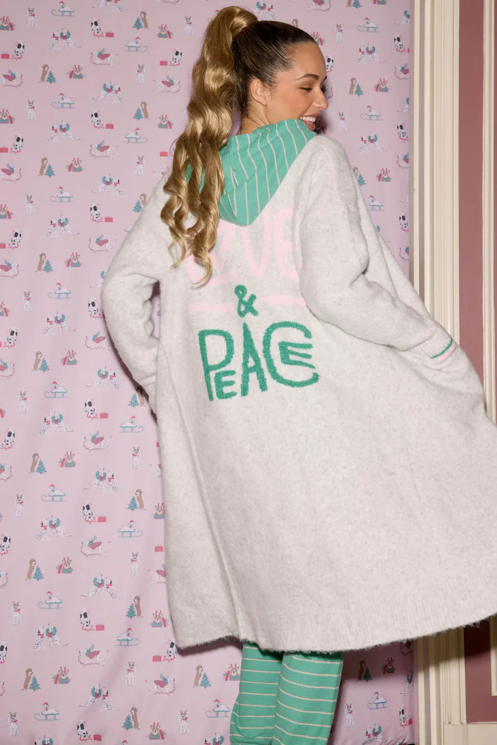 PJ Salvage Peace & Pawlidays Snuggle Sweater Long Cardigan in Heather Cloud PJ Salvage Peace & Pawlidays Snuggle Sweater Long Cardigan in Heather Cloud