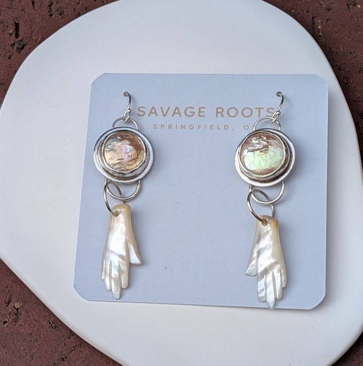 Savage Roots Mona Earrings in Freshwater Pearls with Mother of Pearl Hands Savage Roots Mona Earrings in Freshwater Pearls with Mother of Pearl Hands