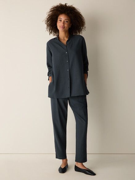 Eileen Fisher Mini Check Crepe Mandarin Collar Top in Eucalyptus