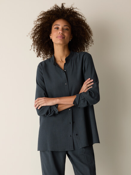 Eileen Fisher Mini Check Crepe Mandarin Collar Top in Eucalyptus