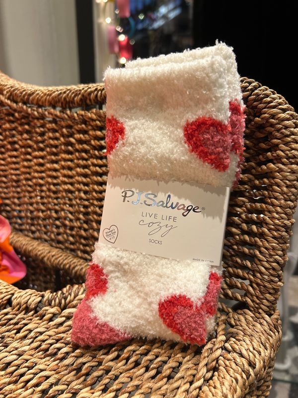 PJ Salvage Hearts on Hearts Fuzzy Socks with Grippers in Ivory