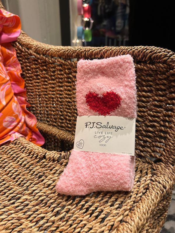 PJ Salvage Love Heart Fuzzy Socks with Grippers in Pink