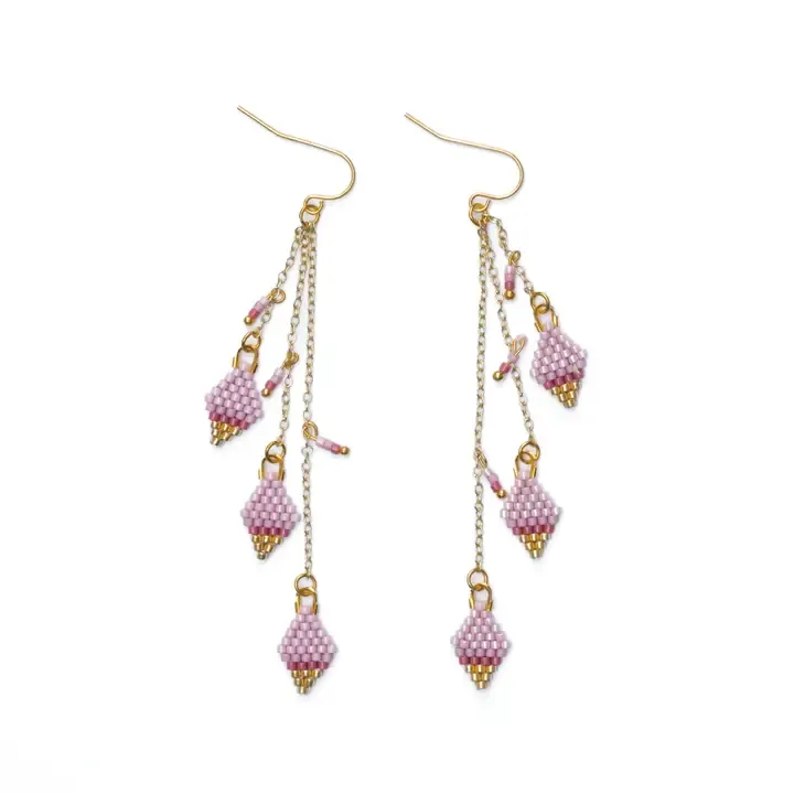 Mayana Beaded Handwoven Candy Gem and Chain Dangle Earrings in Pink
