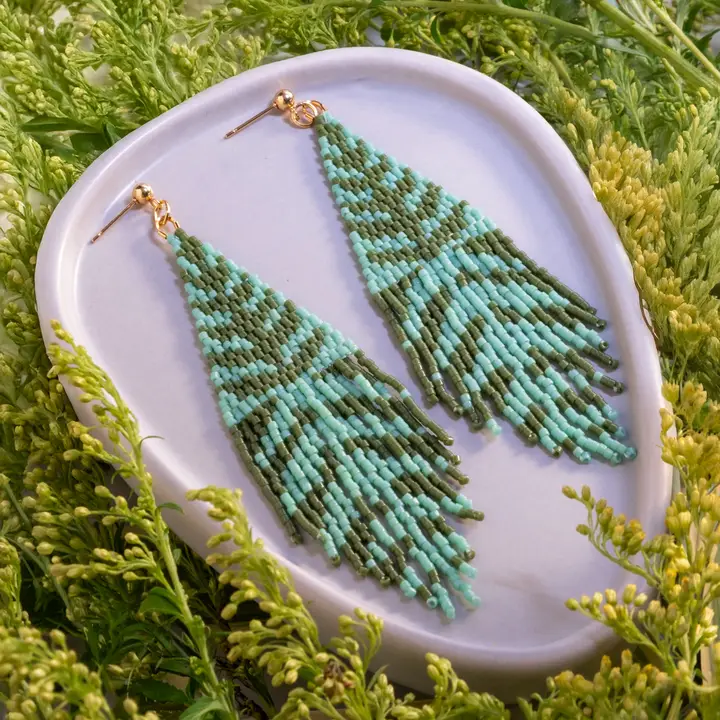 Mayana Beaded Handwoven Vine Fringe Earrings in Turquoise/Olive