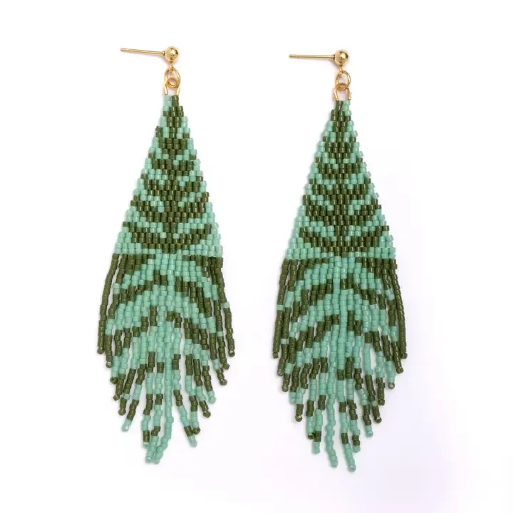 Mayana Beaded Handwoven Vine Fringe Earrings in Turquoise/Olive