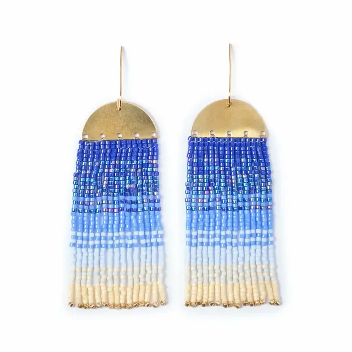 Mayana Beaded Handwoven Ombre Fringe Earrings in Blue