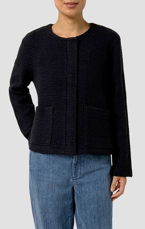 Eileen Fisher Organic Cotton Boucle Round Neck Jacket in Black Eileen Fisher Organic Cotton Boucle Round Neck Jacket in Black