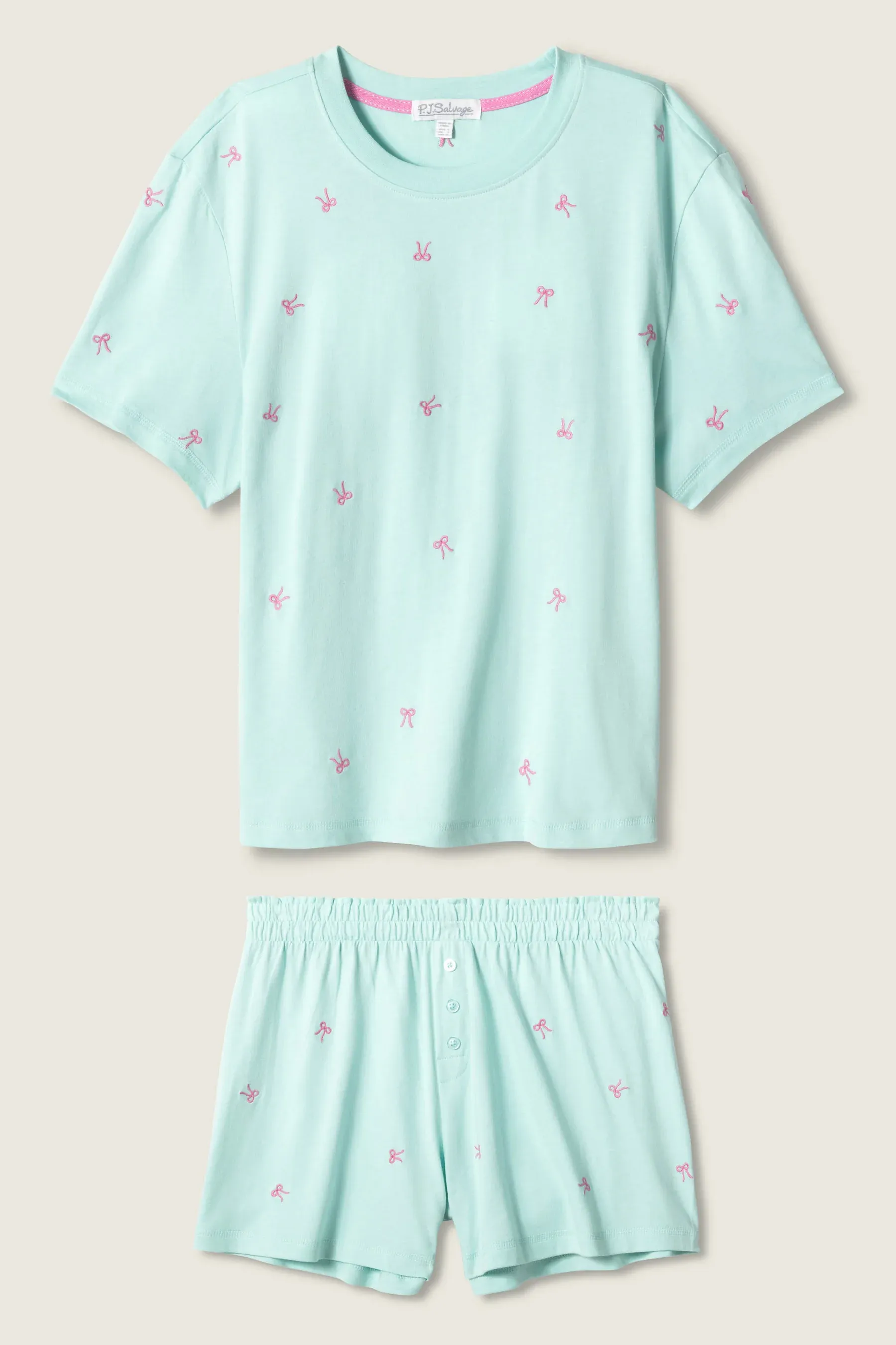 PJ Salvage Pretty Punch Bow Print Short PJ Set in Light Mint
