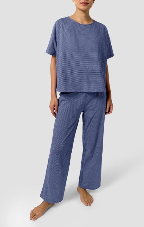 Eileen Fisher Organic Cotton Jersey Stripe Short Sleeve Jewel Neck Ankle Pant Sleep Set in Periwinkle