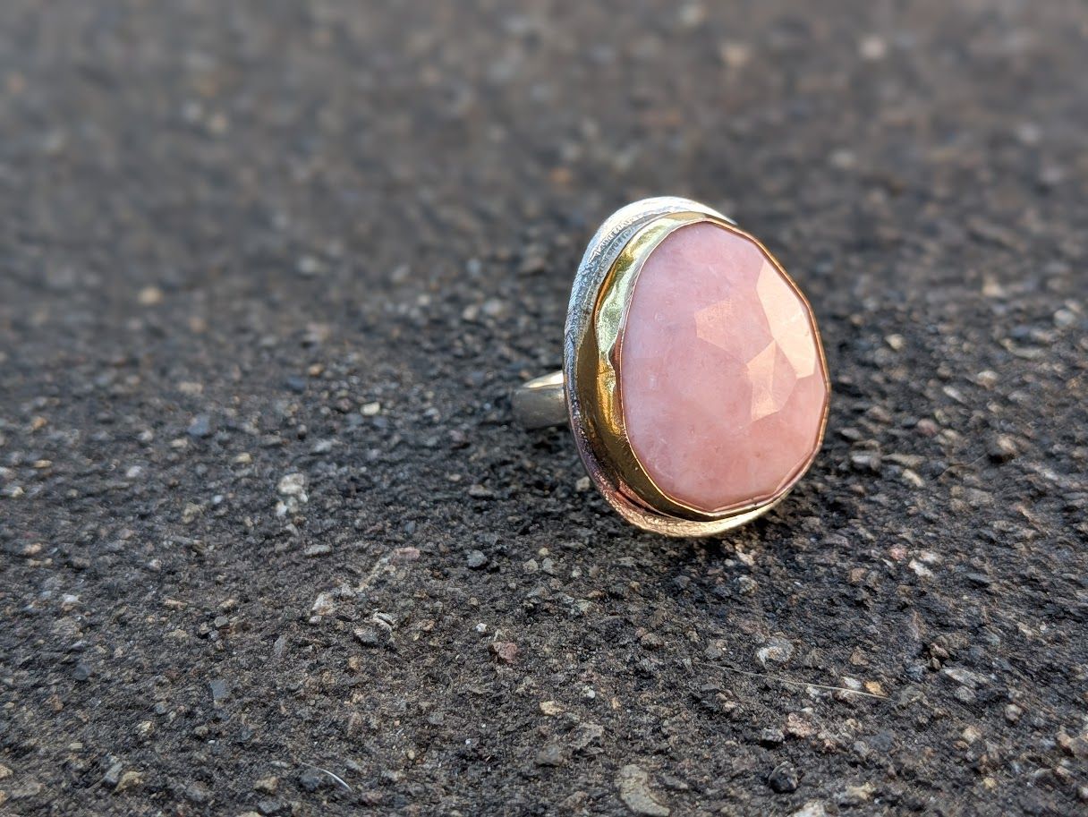 Savage Roots Cardi Ring in Sterling Silver, 14KGF & Pink Opal