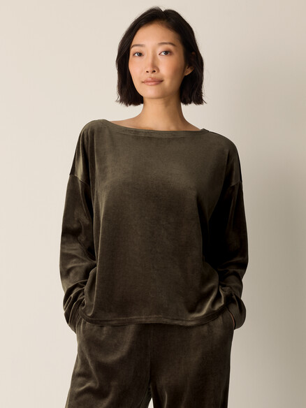 Eileen Fisher Cozy Velour Knit Bateau Neck Boxy Top in Branch
