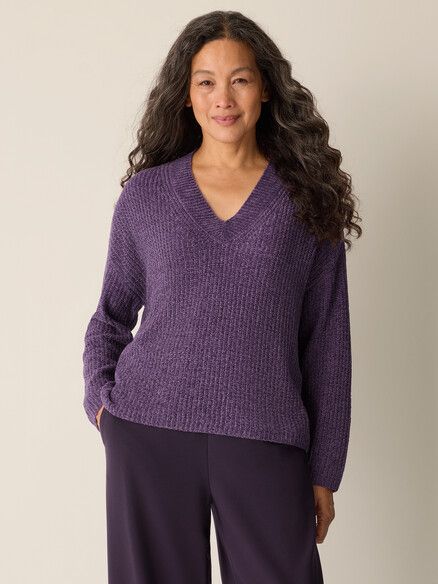 Eileen Fisher Chenille Blend V Neck Sweater in Mulled Grape