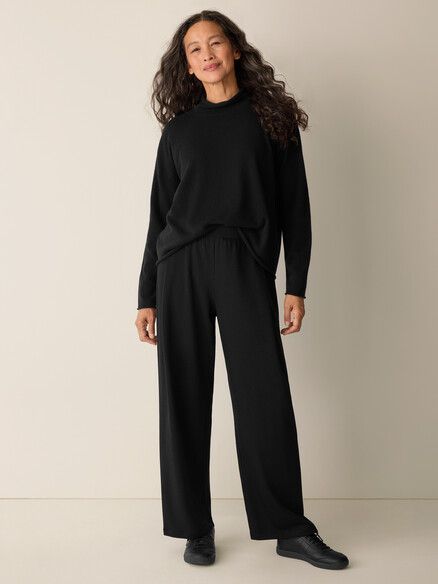 Eileen Fisher Cozy Brushed Terry Hug Straight Ankle Pleated Pant in Black