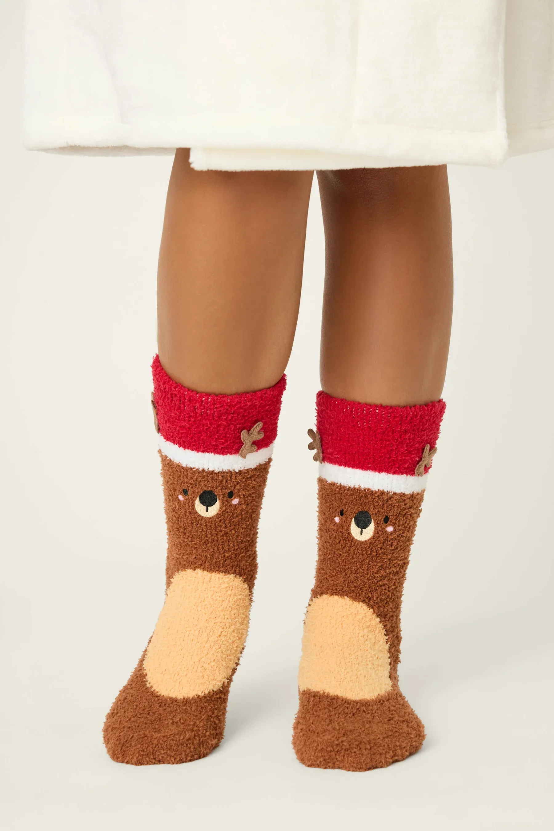 PJ Salvage Reindeer Fuzzy Crew Socks w/Grippers