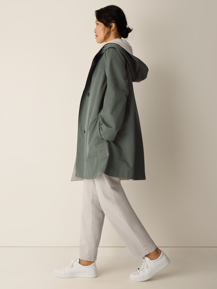 Eileen Fisher Woven Cotton Nylon Reversible Hooded Coat in Bayleaf