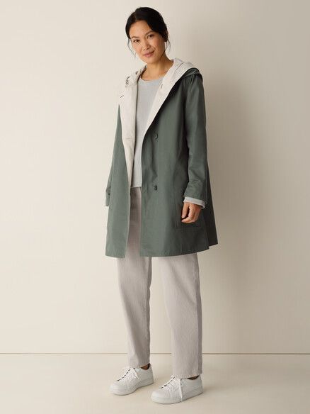 Eileen Fisher Woven Cotton Nylon Reversible Hooded Coat in Bayleaf