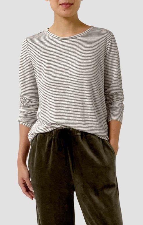 Eileen Fisher Striped Organic Linen Jersey Crew Neck Top in Bayleaf