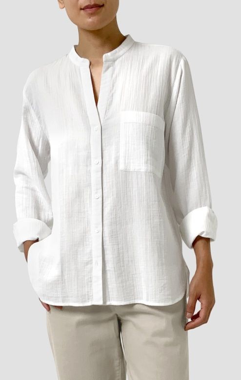 Eileen Fisher Organic Cotton Ripple Mandarin Collar Top in White