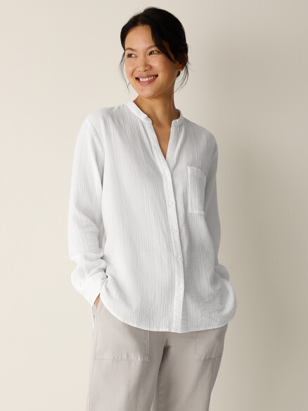 Eileen Fisher Organic Cotton Ripple Mandarin Collar Top in White