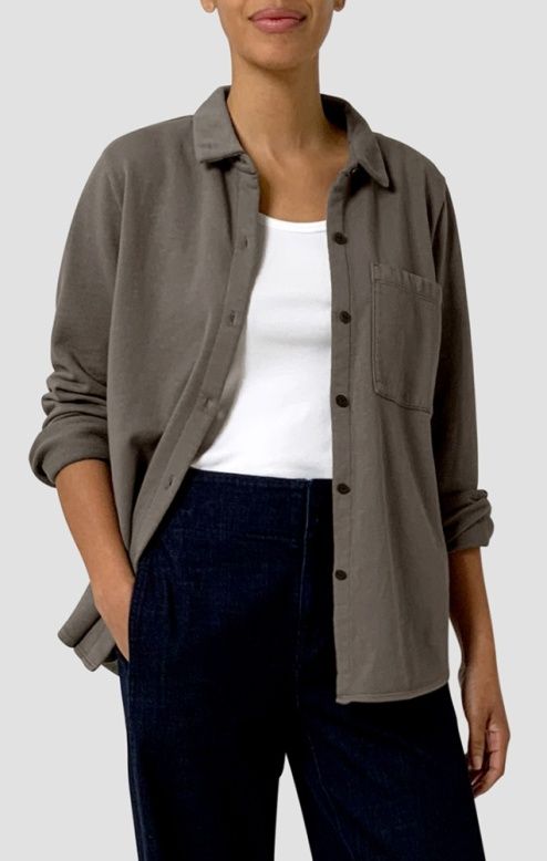 Eileen Fisher Garment Dyed Terry Classic Collar Top in Bayleaf