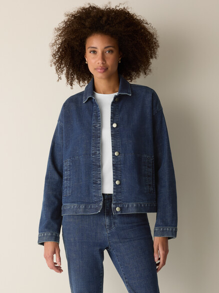 Eileen Fisher Woven Cotton Stretch Denim Classic Collar Jacket in Medium Indigo