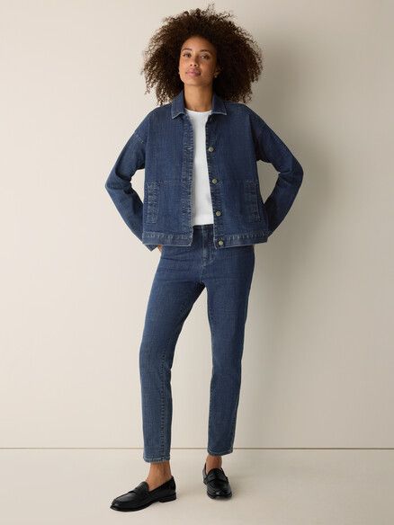 Eileen Fisher Woven Cotton Stretch Denim Classic Collar Jacket in Medium Indigo Eileen Fisher Woven Cotton Stretch Denim Classic Collar Jacket in Medium Indigo
