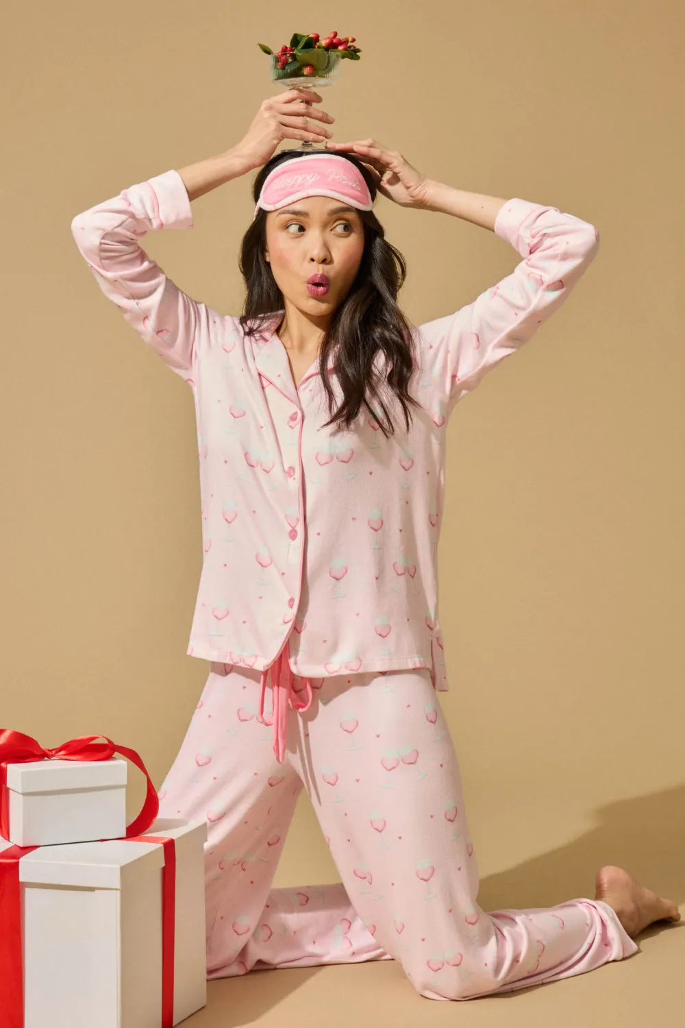 PJ Salvage Happy Hour Wine Print 3-Piece PJ Set in Light Pink