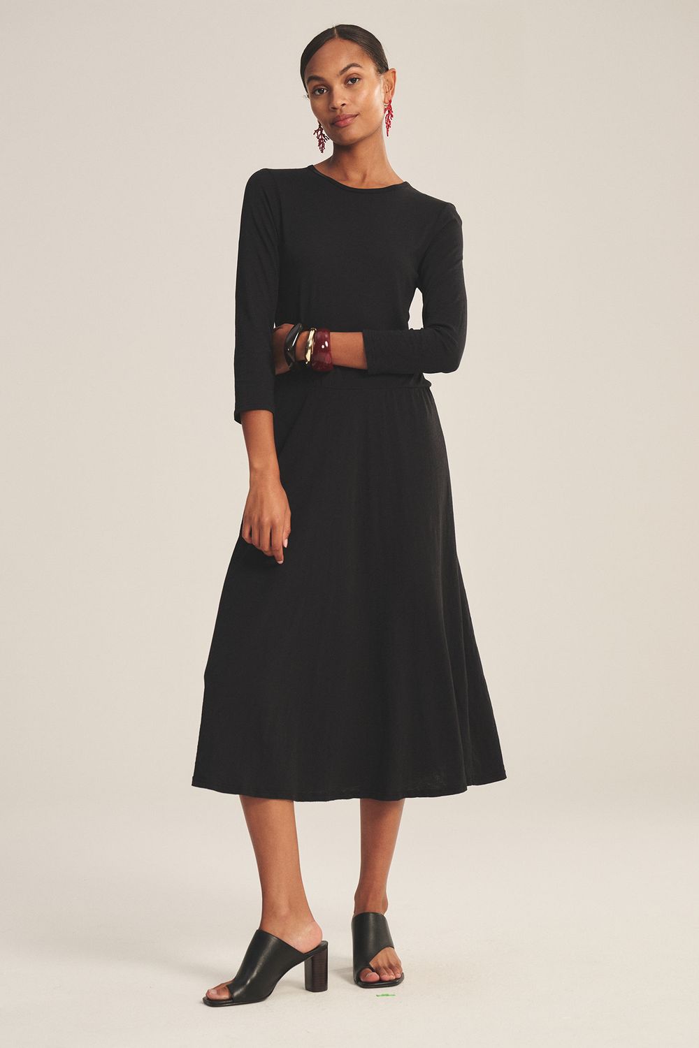 Velvet River Cotton Slub 3/4 Sleeve Dress in Black
